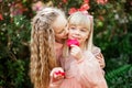 Two little beautiful sisters are walking and having fun in azaleas park Royalty Free Stock Photo