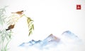Two little birds, bamboo branch and far blue mountains. Traditional oriental ink painting sumi-e, u-sin, go-hua