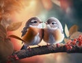 Two little birds sitting on the branch. Valentine Day love concept Royalty Free Stock Photo