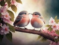 Two little birds sitting on the flowering branch. Valentine Day card Royalty Free Stock Photo