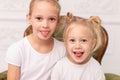 Two little blond girls fooling around and play with each other Royalty Free Stock Photo