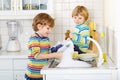 Two little blond kid boys washing dishes in domestic kitchen
