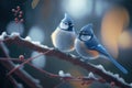 Two Little blue titmouse birds on branch covered with snow. Christmas, New year eve and winter holiday scene. Xmas greeting card Royalty Free Stock Photo