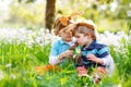 Two little boy friends in Easter bunny ears eating chocolate Royalty Free Stock Photo