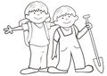 Two little boys with bag and spade on a trip. Vector icon.