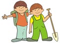 Two little boys with bag and spade on a trip. Vector icon.