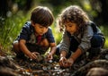 Two little boys, boy brothers, playing with autumn leaves in forest