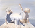 Two little boys are fishing in the river