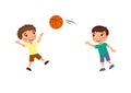 Two little boys play basketball flat vector illustration.