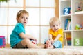 Two little boys play together with educational Royalty Free Stock Photo