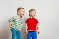 Two little boys siblings playing together on table