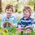 Two little boys wearing Easter bunny ears and eating chocolate Royalty Free Stock Photo