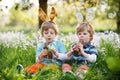 Two little boys wearing Easter bunny ears and eating chocolate Royalty Free Stock Photo