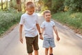 Two little boys wearing white t shirts and shorts going together and holding hands in summer park, brothers walking outdoor,