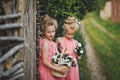 Children walk around the village hedges 6606. Royalty Free Stock Photo