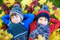 Two little brother kids boys lying in autumn leaves in colorful casual clothing. Happy siblings having fun in autumn park on warm Royalty Free Stock Photo
