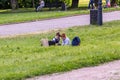 Two little brothers playing in the grass. Funny kids.