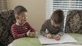 Two little brothers are sitting at the table and draw together on the same coloring. The older brother teaches thhappy