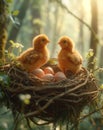 Two little chickens and egg in the nest in the morning. Chickens in a nest of chicken eggs Royalty Free Stock Photo