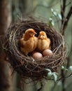 Two little chickens and eggs in nest. Some chickens on straw in a nest full of eggs Royalty Free Stock Photo
