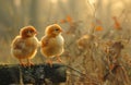 Two little chickens are sitting on stump in the morning sun Royalty Free Stock Photo