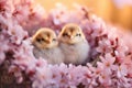 Two little chicks are in a nest of pink flowers. Realistic Royalty Free Stock Photo