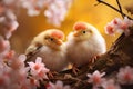 Two little chicks are sitting on a thick tree branch in pink flowers. Realistic Royalty Free Stock Photo