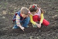 Two little children planting seeds in the field Royalty Free Stock Photo