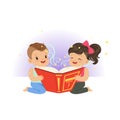 Two little children reading magic book with fantasy stories. Cartoon boy and girl characters. Childhood and kid Royalty Free Stock Photo