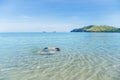 Two little children snorkeling on the tropical beach Royalty Free Stock Photo