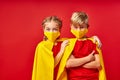 Two little children in superhero cloaks and masks Royalty Free Stock Photo