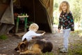 Two little girls tent camp mountains petting   dog Royalty Free Stock Photo