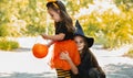 Two little cute girl in witch costume holding jack-o-lantern pumpkin bucket. Kids trick or treating in Halloween holiday Royalty Free Stock Photo