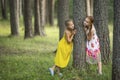 Two little cute girls posing near the tree in a pine forest. Summer. Royalty Free Stock Photo