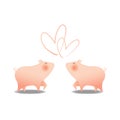 Two little cute pigs smile with big pink cheek facing each other with heart shape upper for love emotion , white background Royalty Free Stock Photo