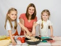 Two little daughter at kitchen table helping her mother pour chopped mushrooms from the plate to the pan