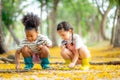 Two little girl exploring in the woods and looking for insects, Child playing in the forest with magnifying glass. Curious kids Royalty Free Stock Photo