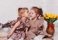 Two little girl sisters kiss in a room with flowers Royalty Free Stock Photo