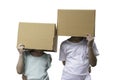 Two little girl wearing cardboard box on his head, Isolated on white Royalty Free Stock Photo