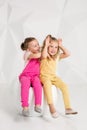 Two little girlfriends in the identical overalls of different colors sitting on a chair in a studio with white walls