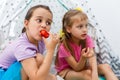 two little girls eating strawberries Royalty Free Stock Photo