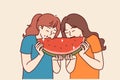 Two little girls are eating watermelon and laughing, enjoying large piece of sweet refreshing fruit