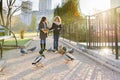 Two little girls feed birds ducks and pigeons