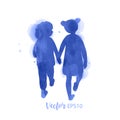 Two little girls friends holding hands each other. Concept friendship. Watercolor style. Vector illustration