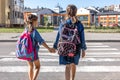Two little girls go to school, holding hands, back view Royalty Free Stock Photo