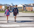 Two little girls go to school, holding hands, back view Royalty Free Stock Photo