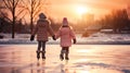 Two little girls holding hands, skating outdoor in winter at sunset Royalty Free Stock Photo