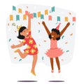 Two Little Girls Jumping In The Air At A Birthday Party With Happy Gestures. Characters Giggling, Arms Raised Royalty Free Stock Photo