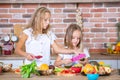 Two little girls in the kitchen with fresh vegetables. Healthy food concept. Happy sisters. Royalty Free Stock Photo