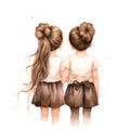 Two little girls with long hair. Back view. Watercolor illustration. Generative AI Royalty Free Stock Photo